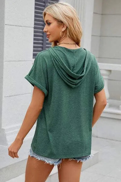 Half Button Drawstring Short Sleeve Hooded T-Shirt Women's T-Shirts - Tophatter Daily Deals